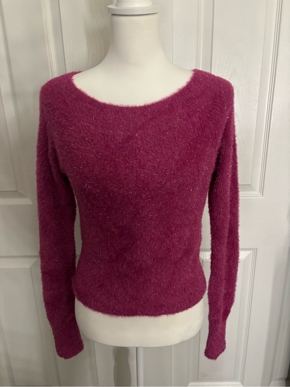Happily Grey Pink Knit Glitter Fuzzy Boat Neck Pullover Sweater Long S